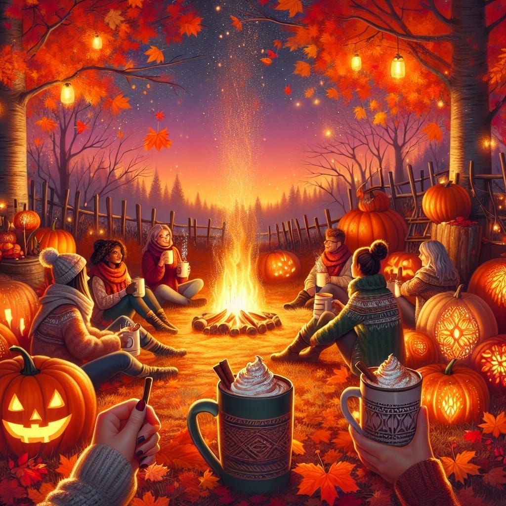 Cozy Autumn Campfire Scene with Hot Chocolate