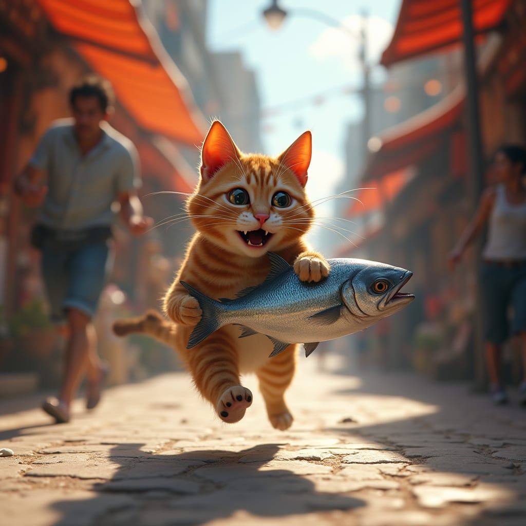 Cat Steals Fish: Frantic Chase in Open Market