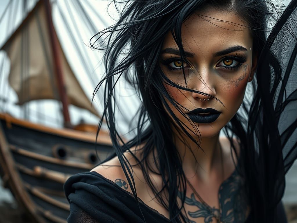 Goth Siren Portrait with Wrecked Ship Background
