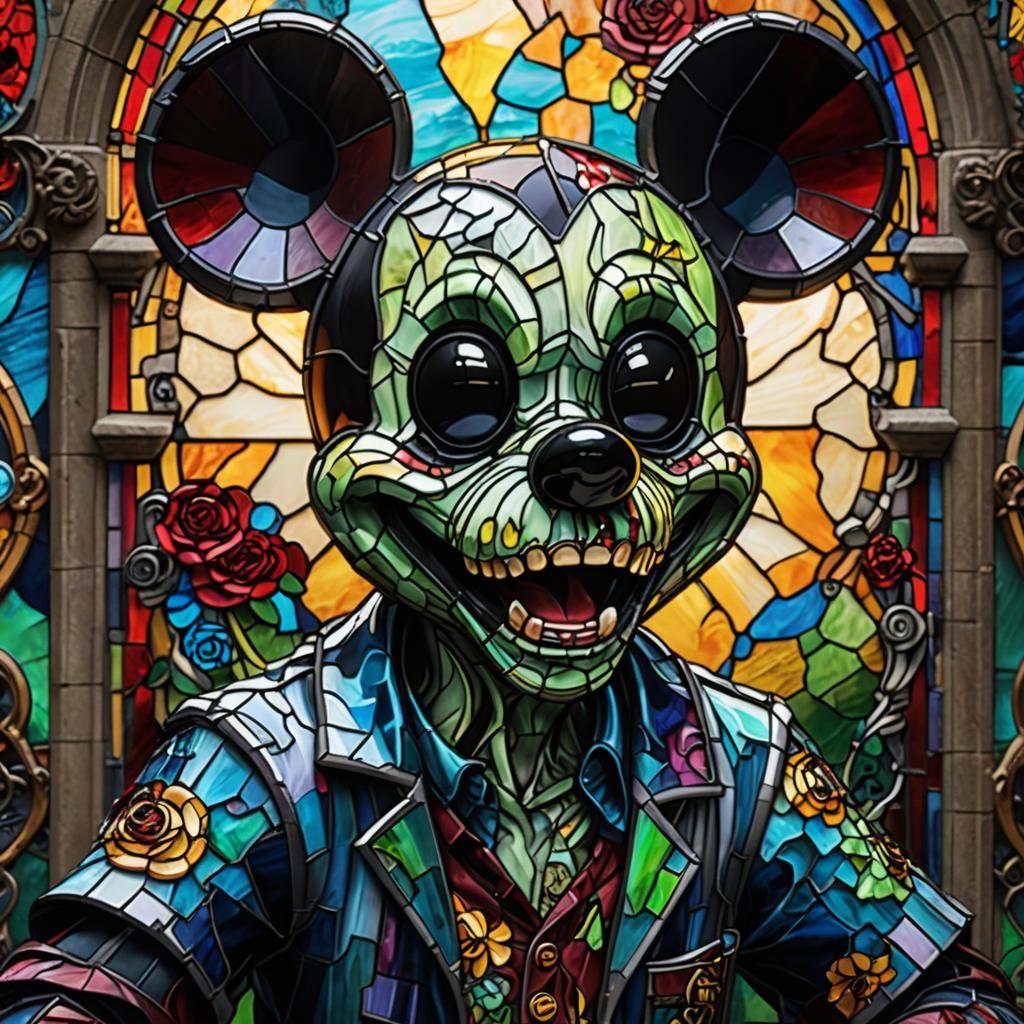 Stained Glass Zombie Mickey Mouse: Hyperrealistic Art