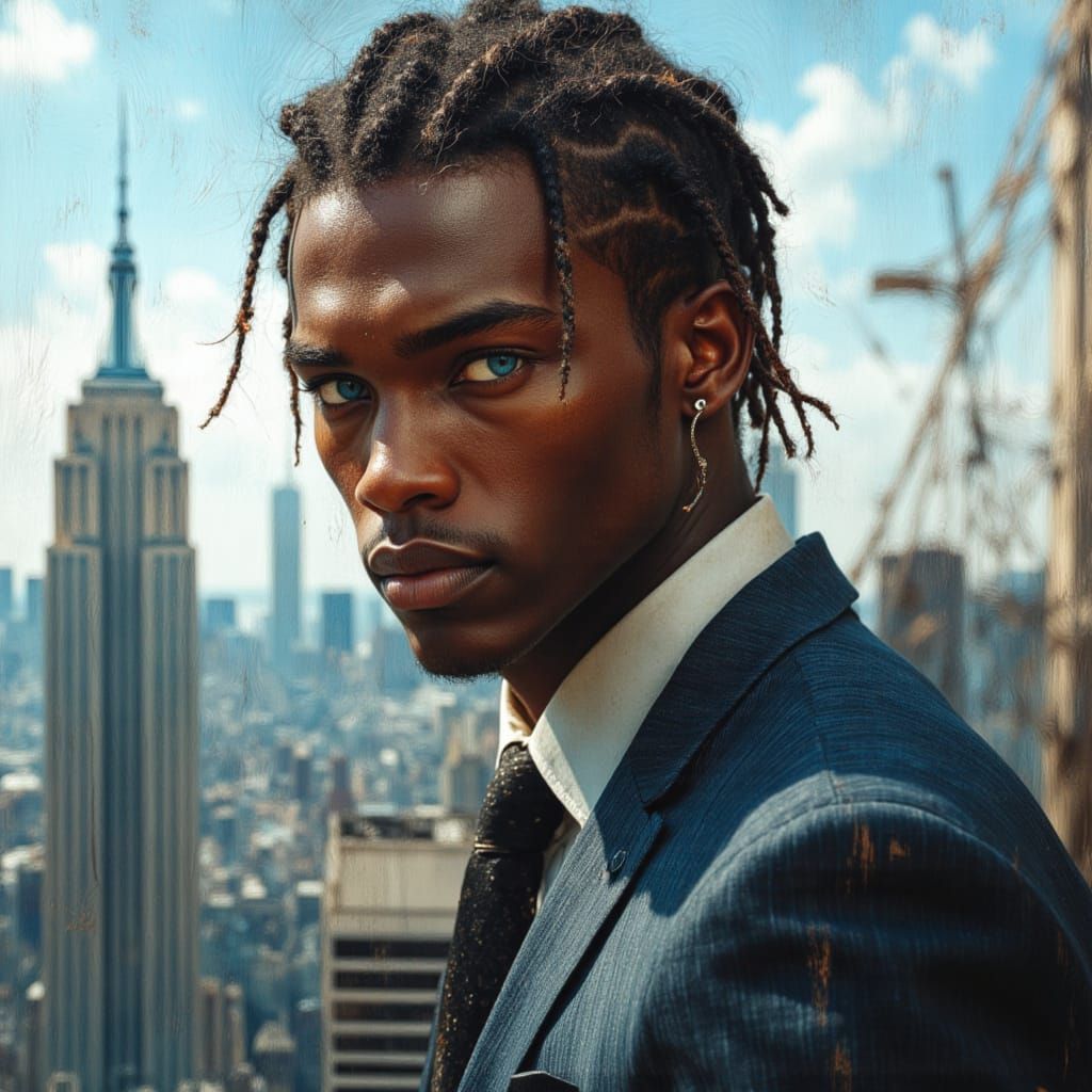 African Deity in Business Suit, NYC Skyline Background