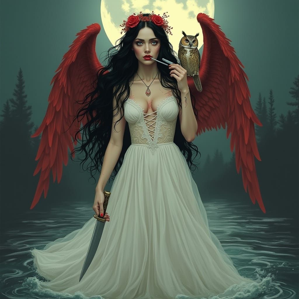 Melancholic Winged Woman Licking Knife in Moonlit Water