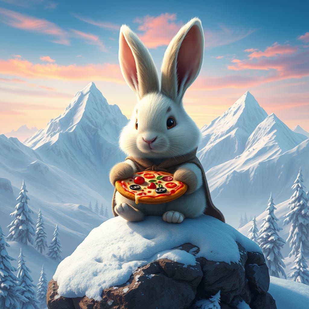 Whimsical Fantasy Rabbit Enjoying Pizza Amidst Snowy Mountai...