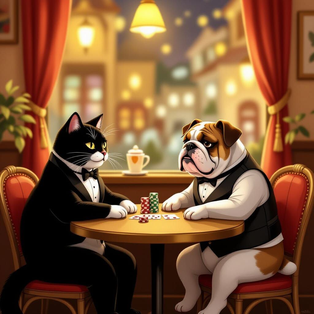 Cat and Dog Play Cards in Cozy Night Cafe