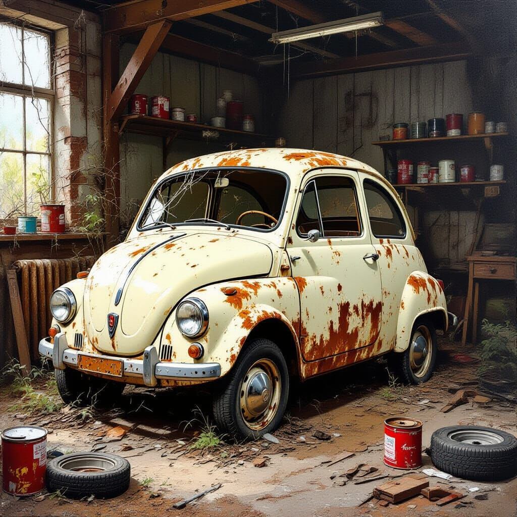 Rusty 1965 Fiat Multipla in Abandoned Workshop Oil Painting