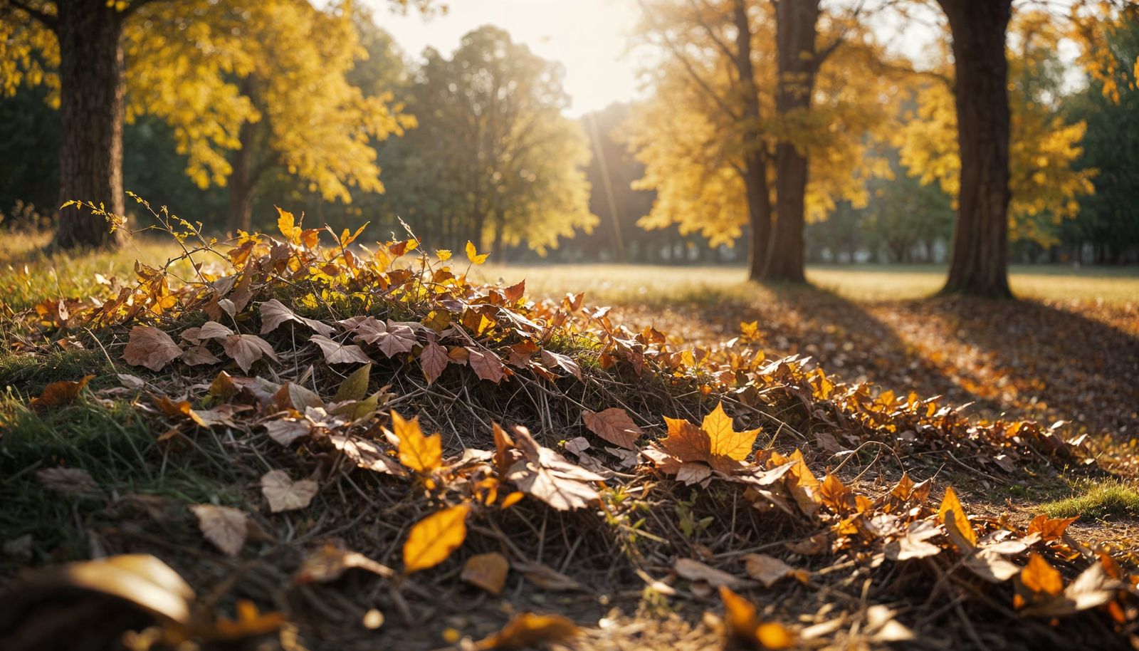 Golden Autumn Sunset Meadow with Drifting Leaves