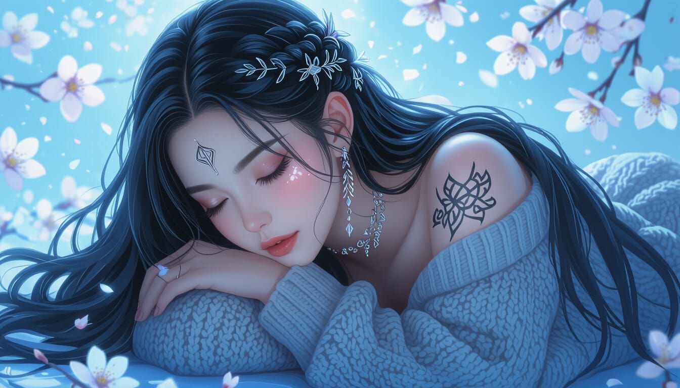 Viking Woman with Bioluminescent Blossoms, Dramatic Angle