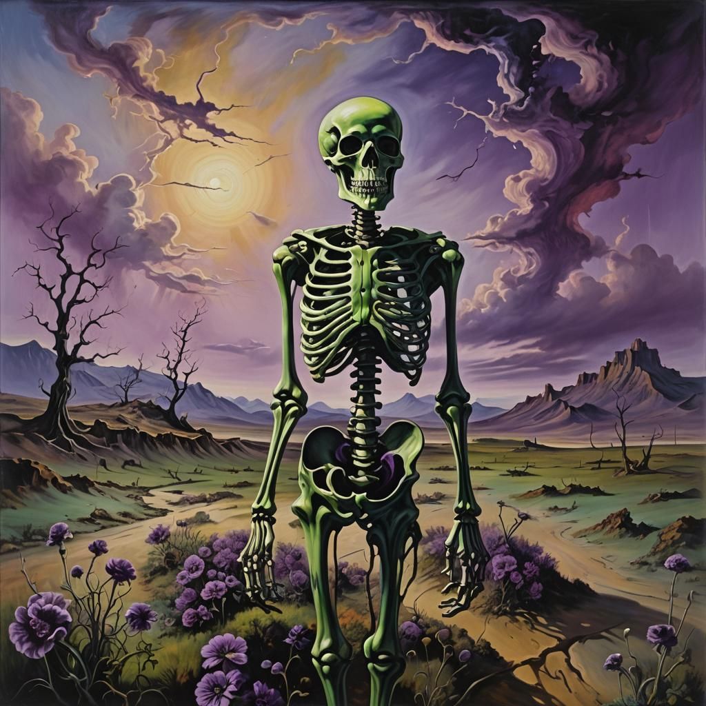 Surreal Skeleton in Dreamlike Landscape as Oil Painting