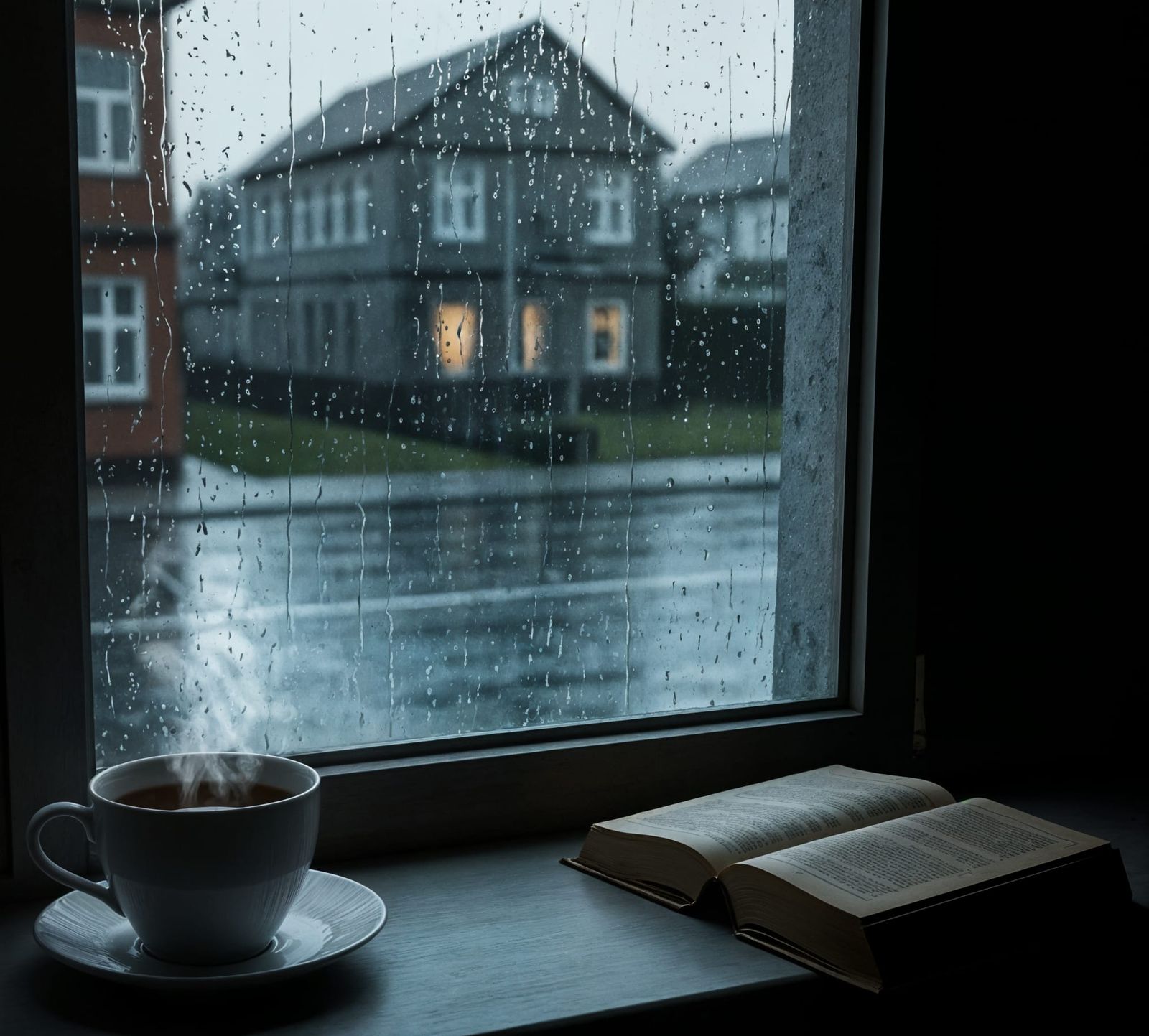 Steaming Tea on Rainy Window Sill in Moody Render Style