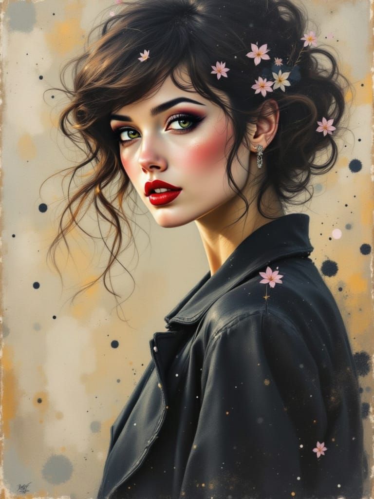 Encrusted Ink Splash Cherry Blooms at Dusk