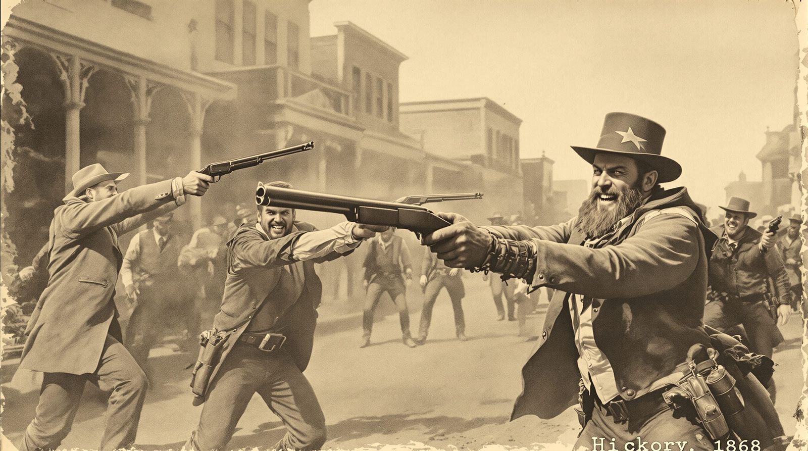 Old West Gunfight in Sepia Lithograph