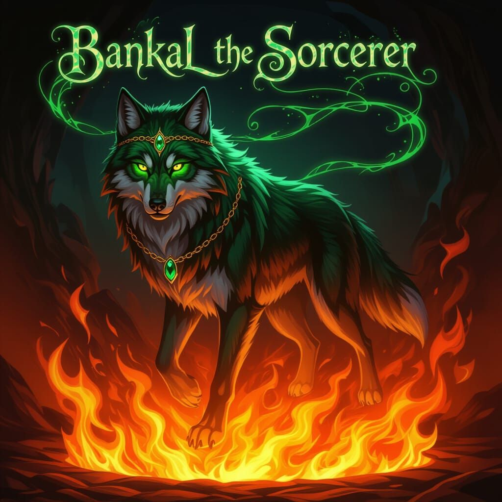 Mystical Wolf with Emerald Chain Above Inferno