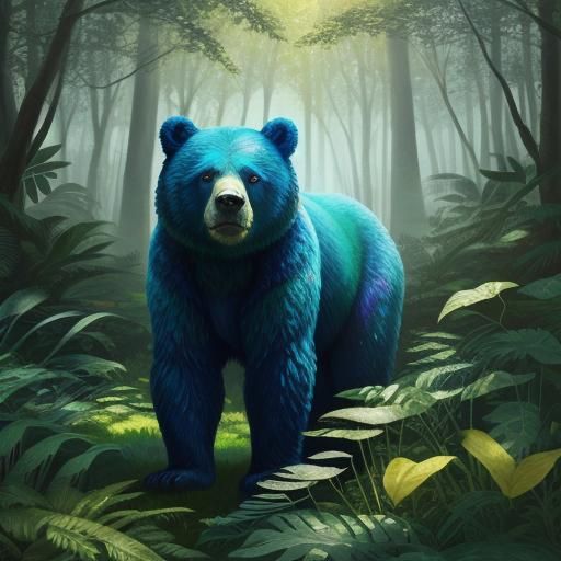 Blue Bear in Forest, Magical Realism Digital Art