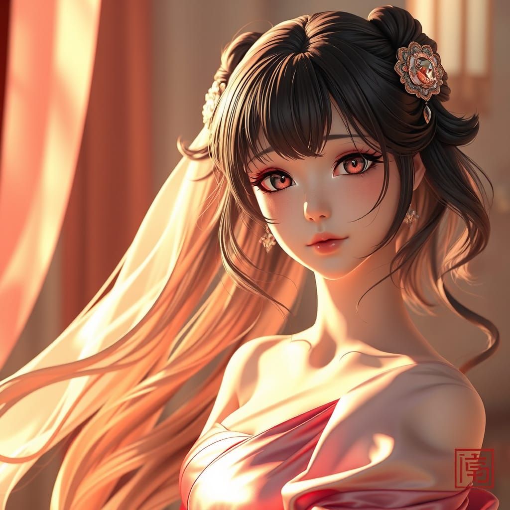 Anime Girl in Silk Dress, 3D Rendered Art