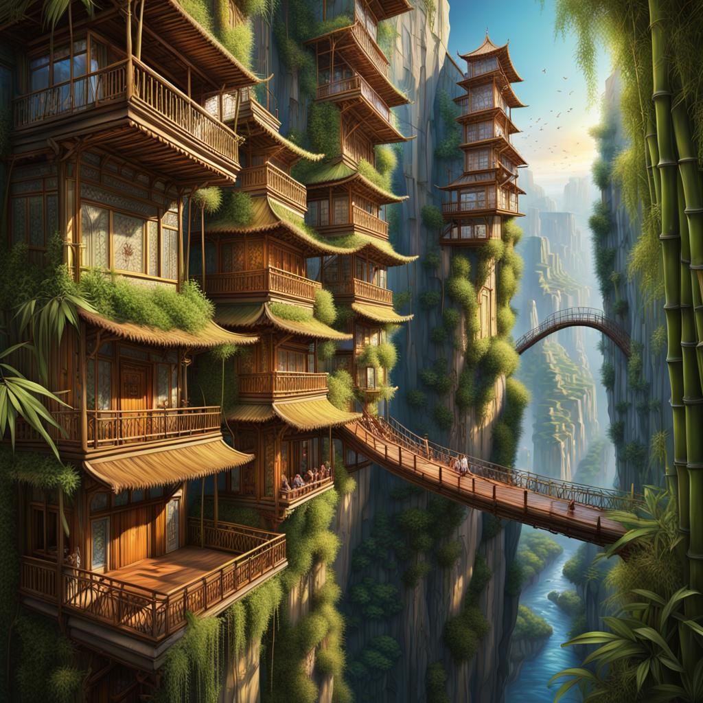 Hanging Bamboo City on Canyon Walls: Hyperrealistic Splash A...