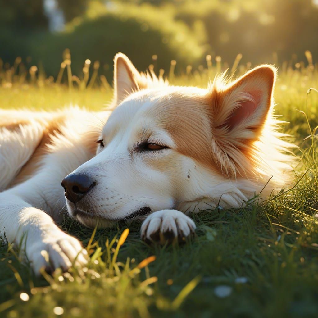 A dog is taking a morning nap in the yard.