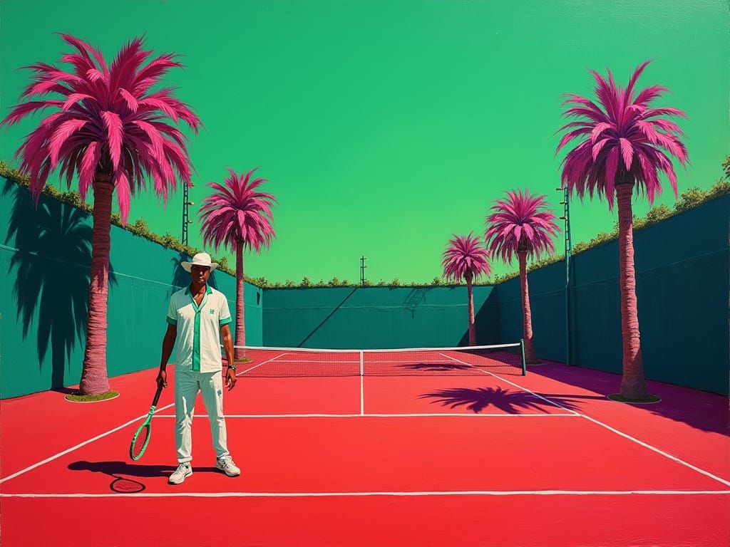 Lone Tennis Player in Surreal Crimson Landscape