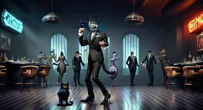 Anthropomorphic Cat Dancing in 1930s Style