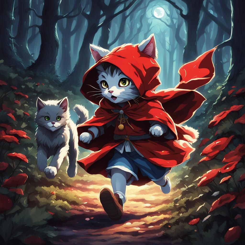 Anime Cat as Little Red Riding Hood Running