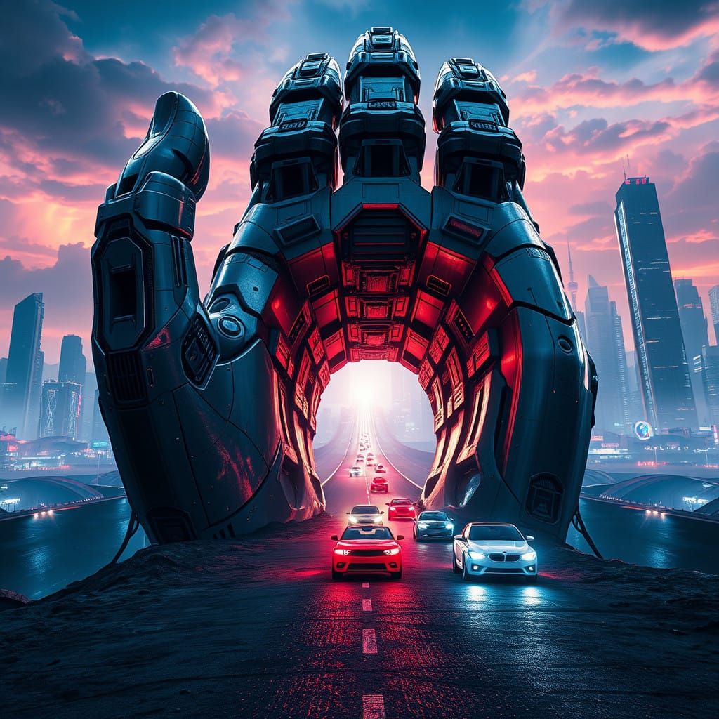 Gigantic Mechanical Hand Commands the Futuristic Cityscape