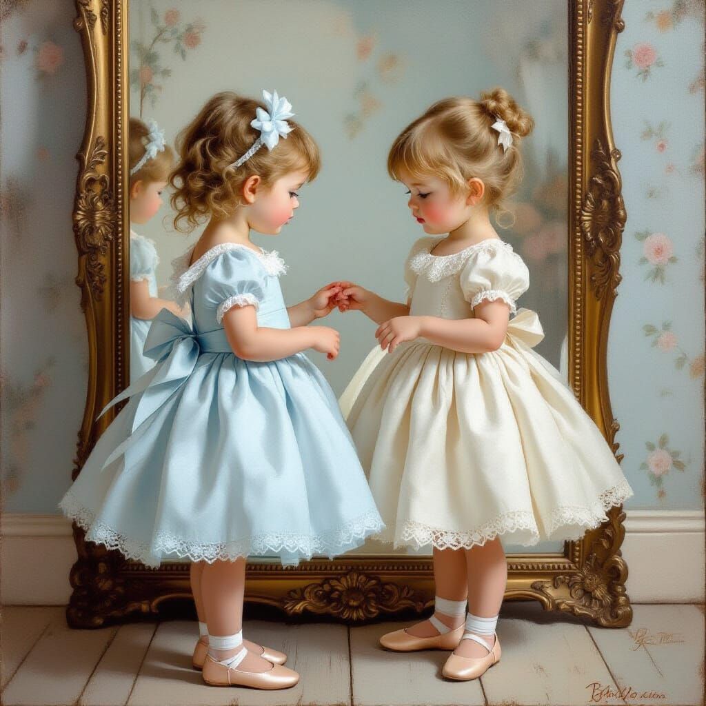 Whimsical Toddler in Blue Dress Before Antique Mirror