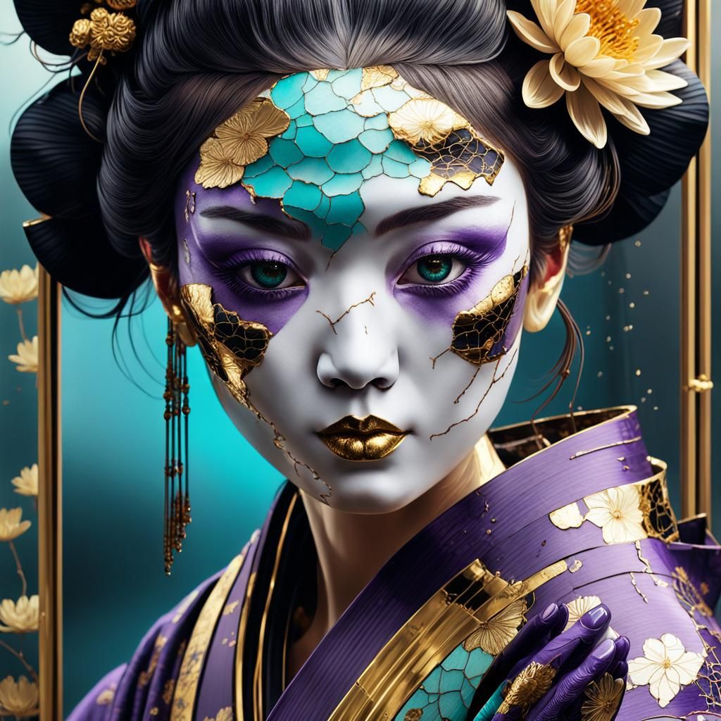 Cracked Porcelain Geisha in Starry Night Reflection