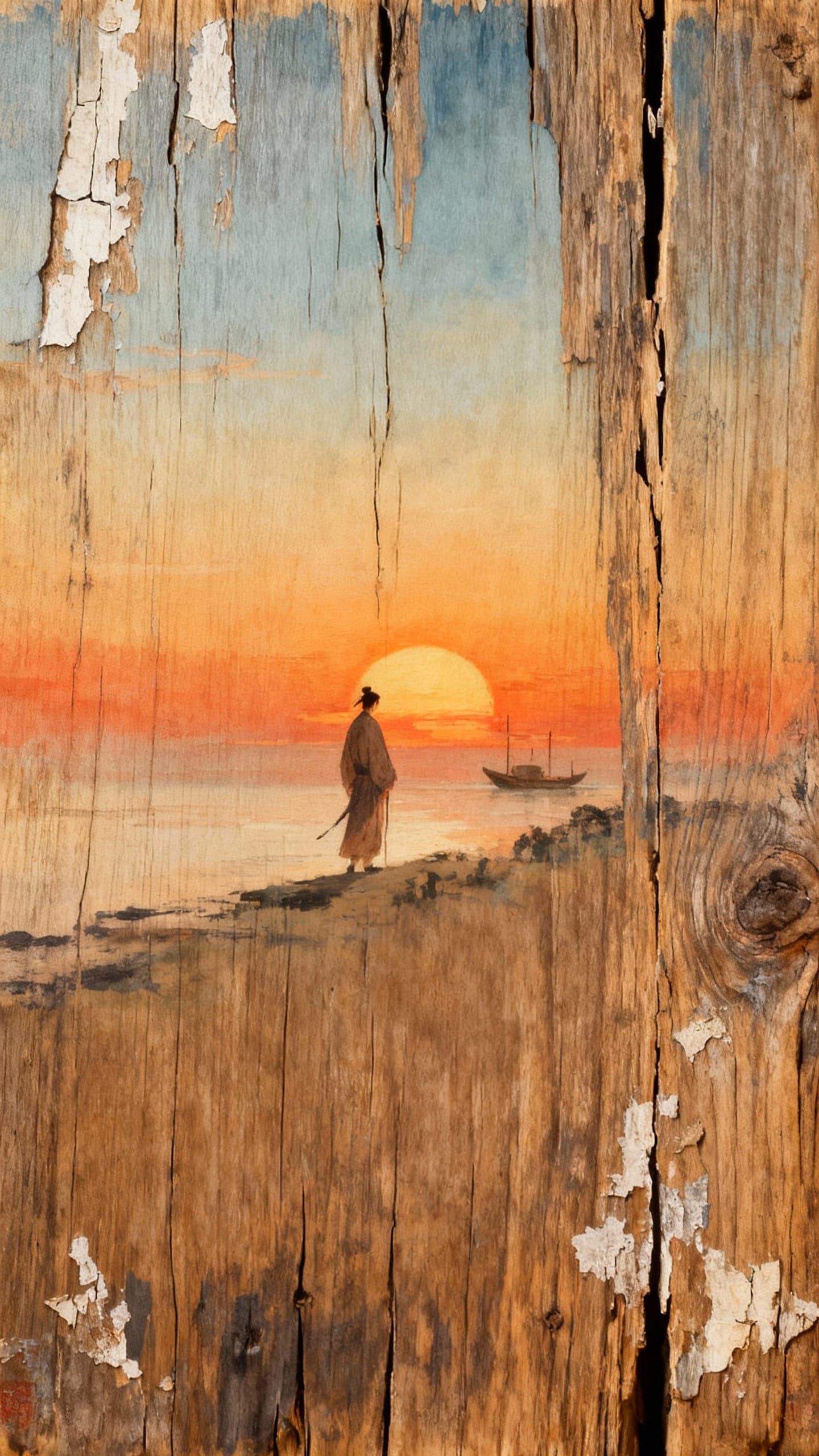 Asian Painting of Traveler at Minimalist Sunset