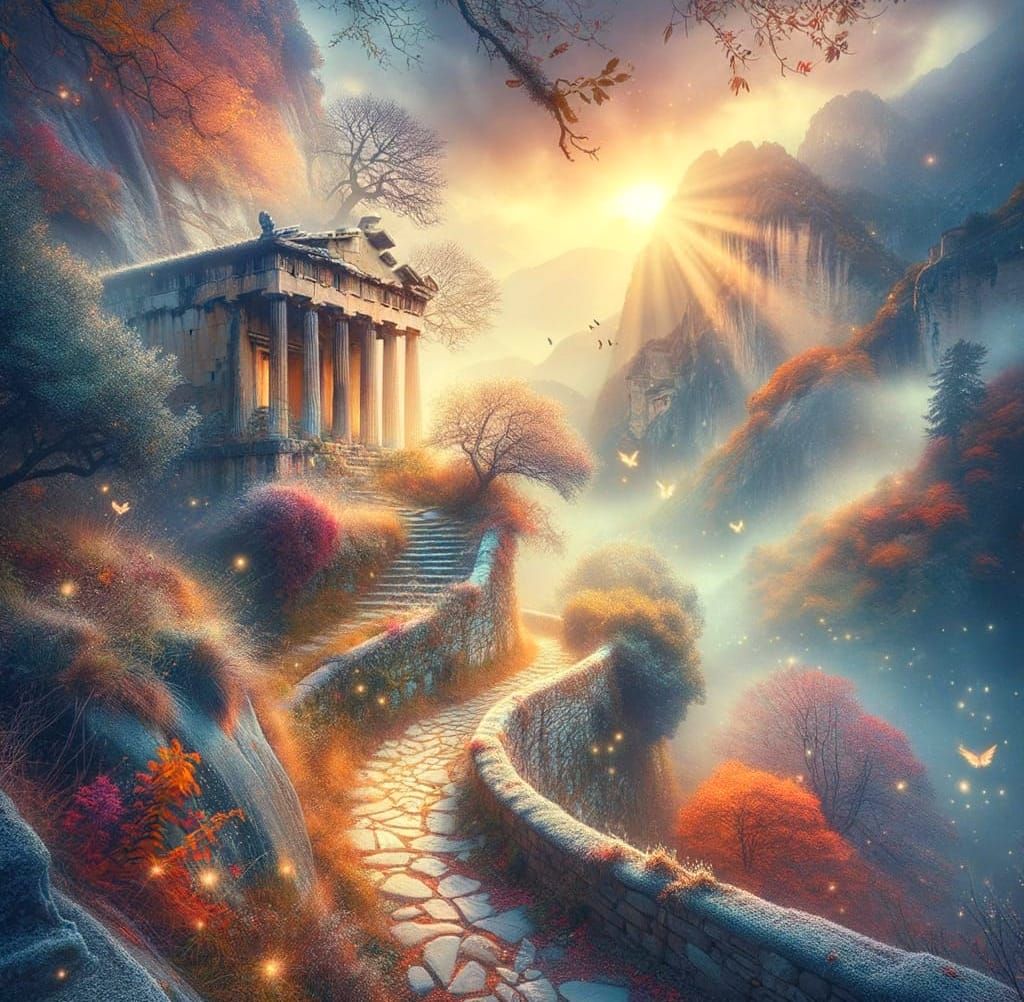 Enchanted Ancient Greek Temple Amidst Fall Foliage