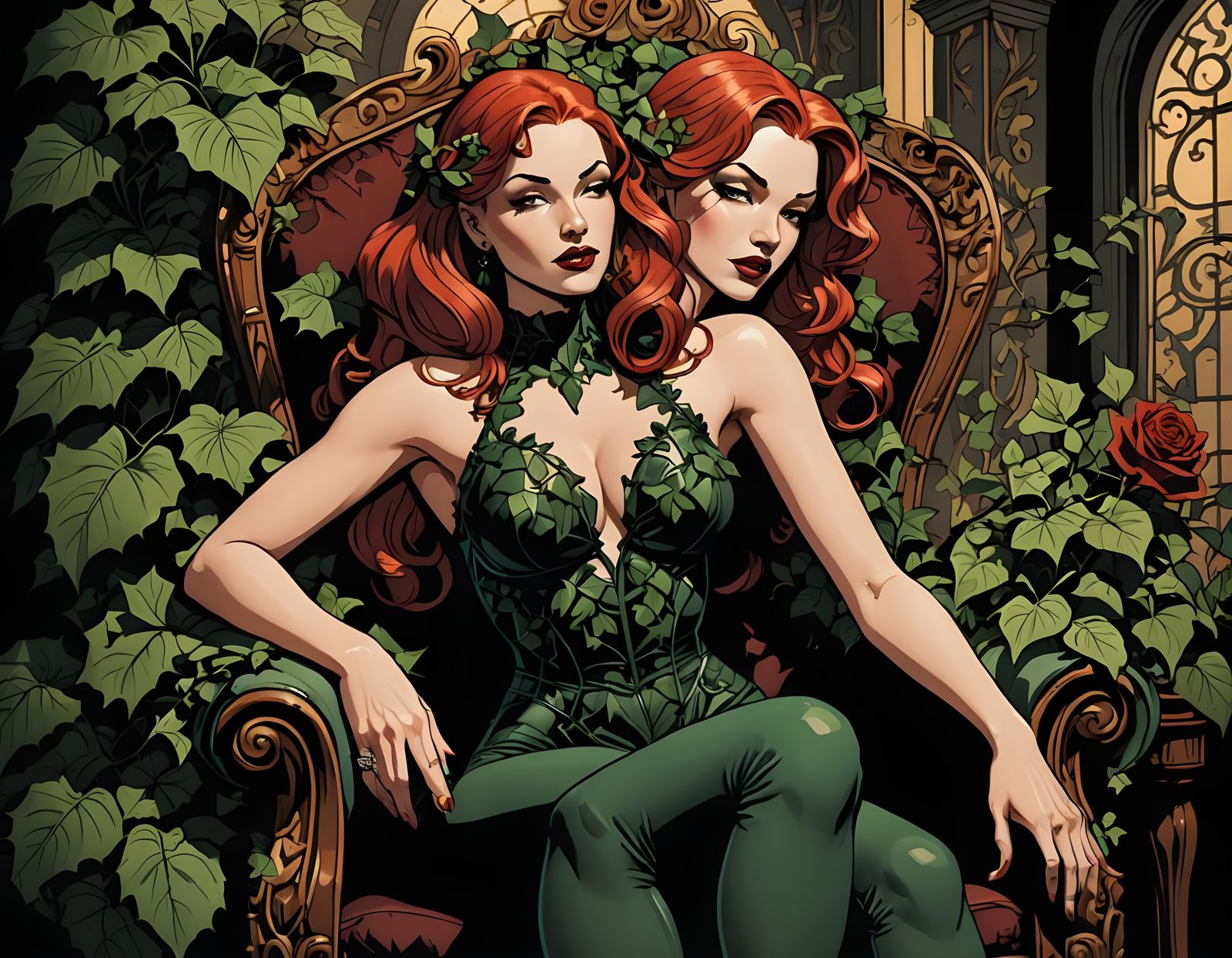 Model in Enchanted Nighttime Scene with Green Ivy and Rubies