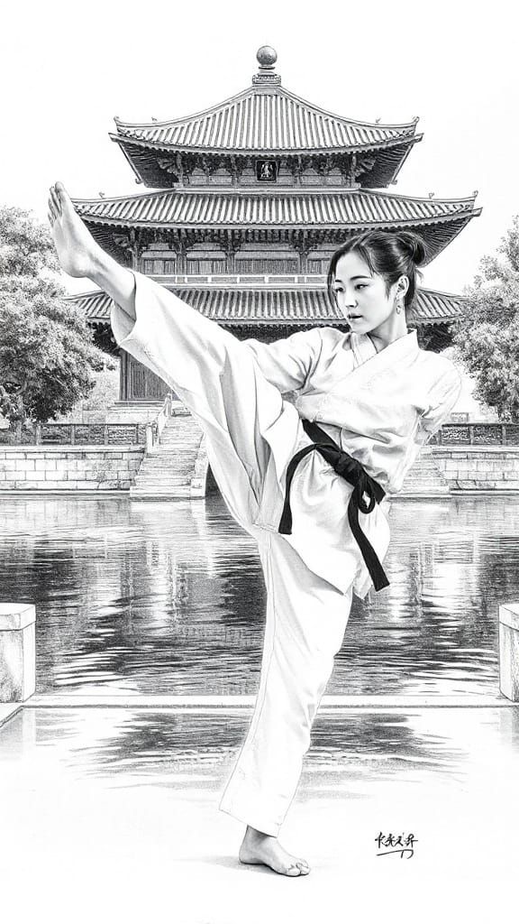 Korean Woman Karate Kick in Pencil Sketch Style
