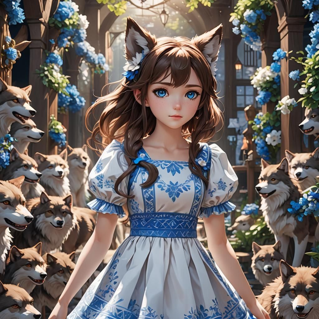 Anime Girl with Wolf Ears in 3D Style