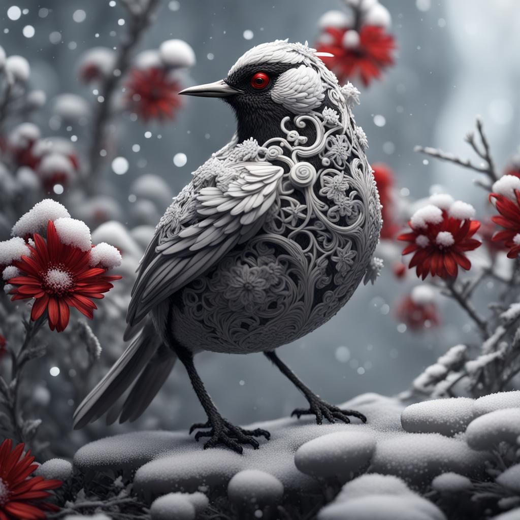 Lace and Snow Bird in Black and White