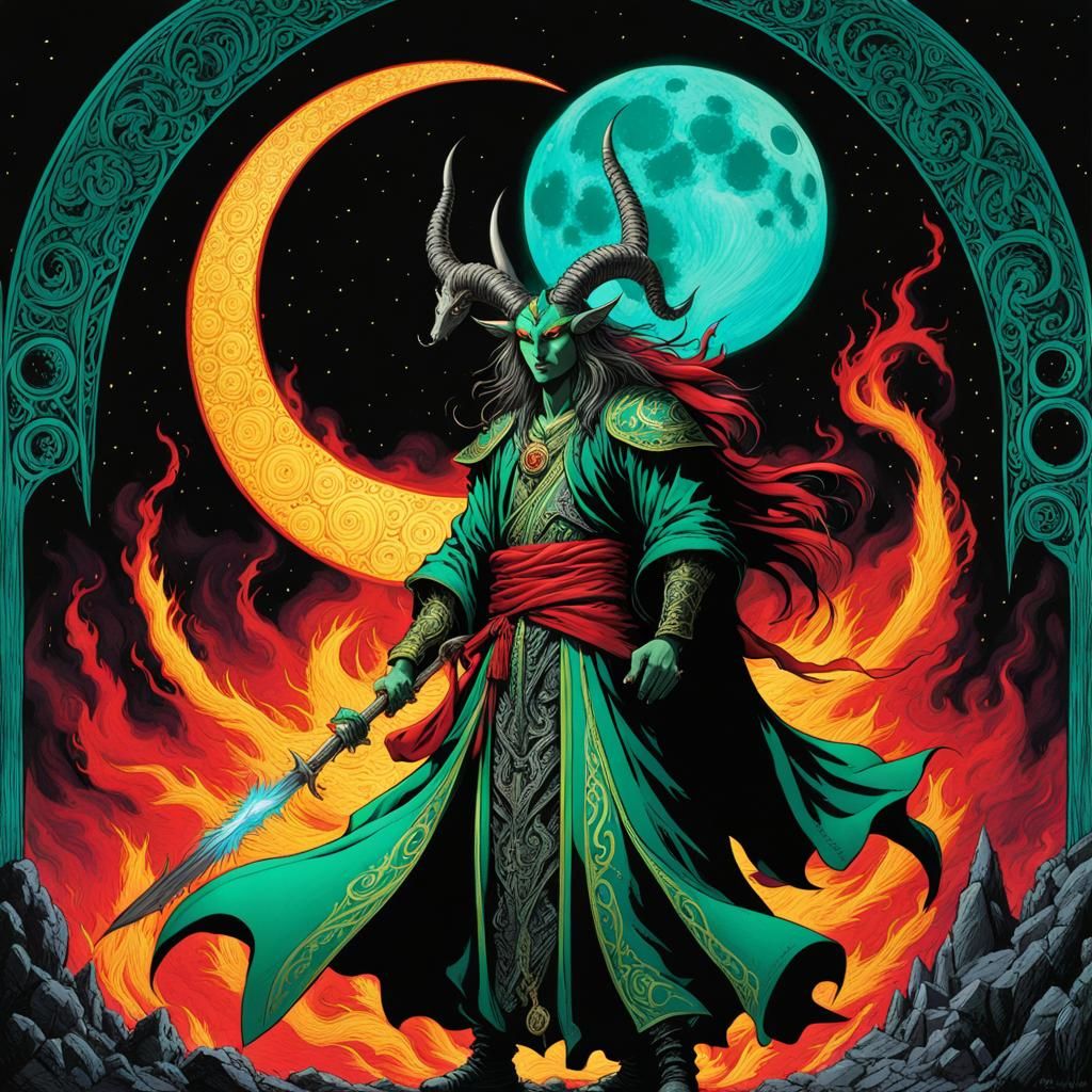 Green Demon Sorcerer with Rune in Amano Style