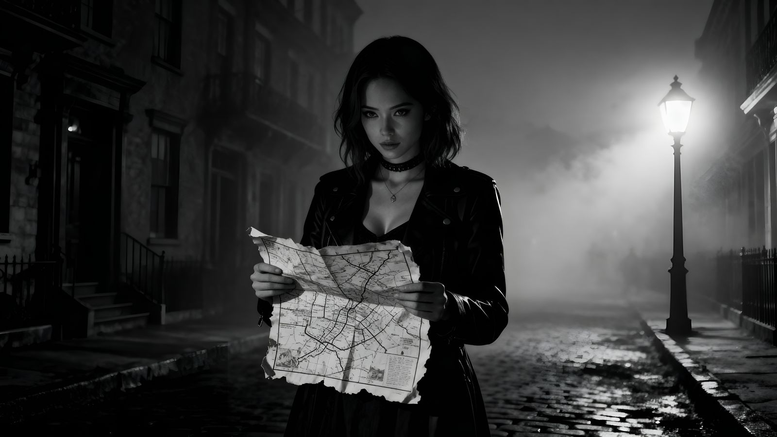 Victorian Street Mystery: Woman with Map in Fog