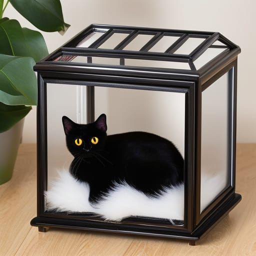 Black Cat in Glass Cube Sunset: Rococo Oil Painting