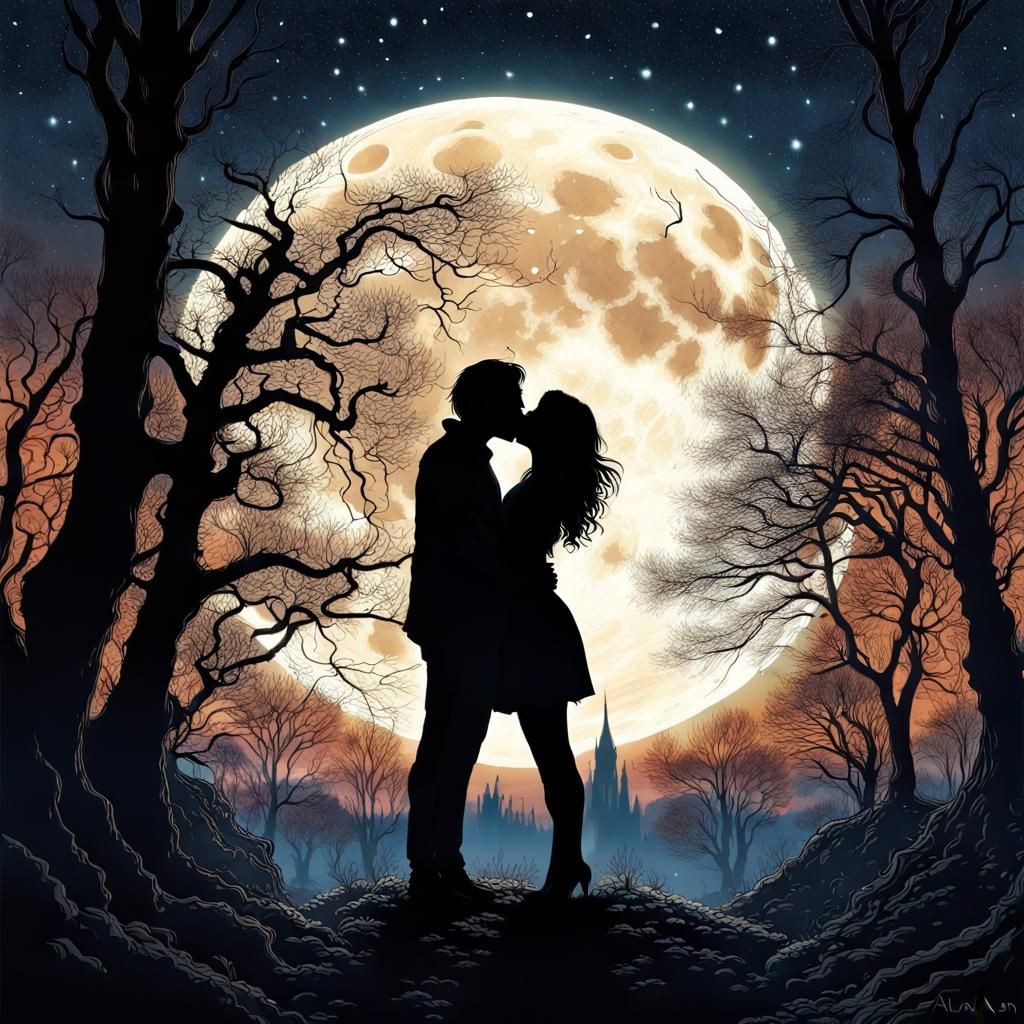 Romantic Silhouette Kiss Under Starry Night Sky