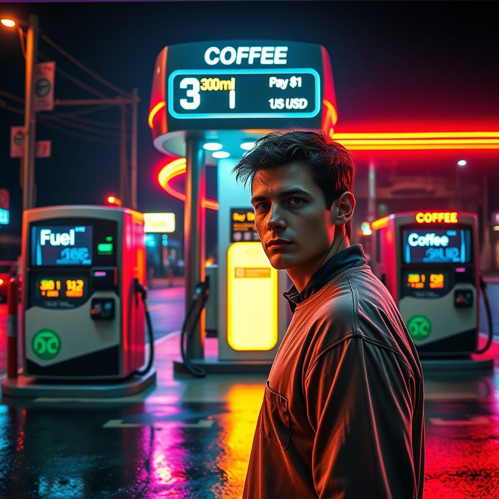 Futuristic Gas Station Under Neon Street Lights at Night