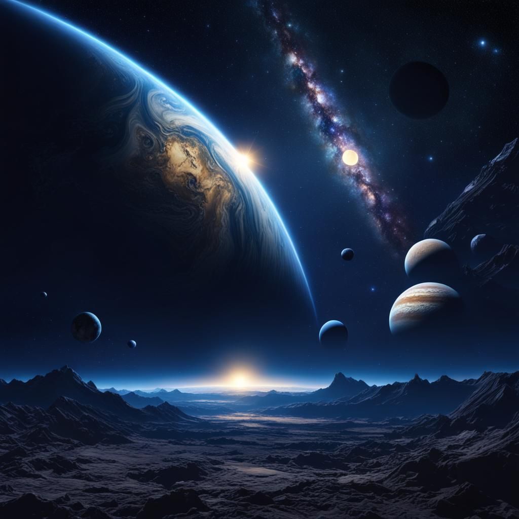 Epic Fantasy View of Planets with Rising Sun