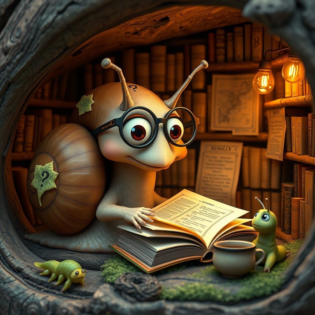 Wide-Eyed Snail Reads in Miniature Flower Library