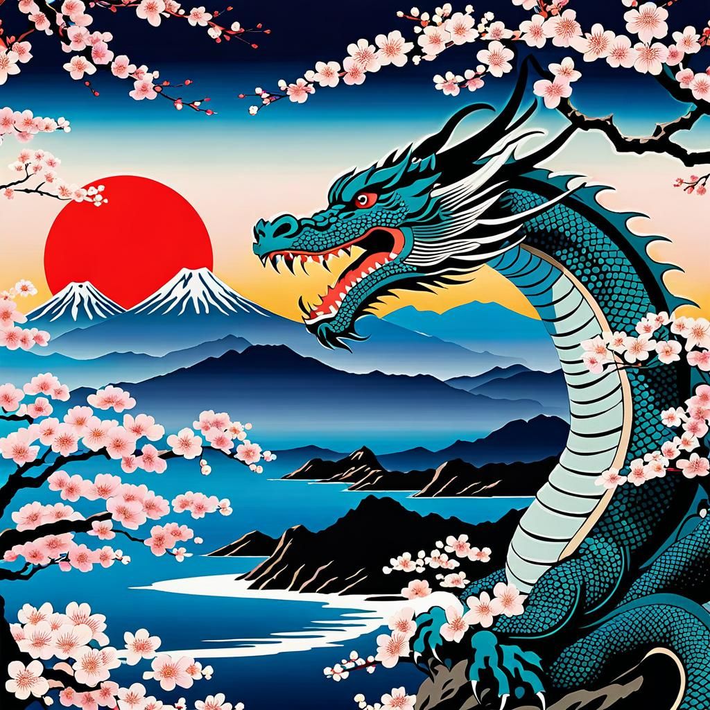 Japanese Dragon over Sakura in Ukiyo-e Style