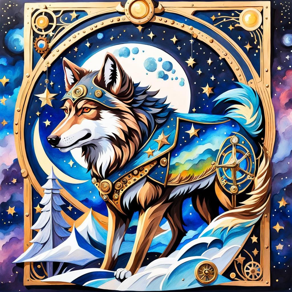 Steampunk Wolf Howling under Starry Night Sky