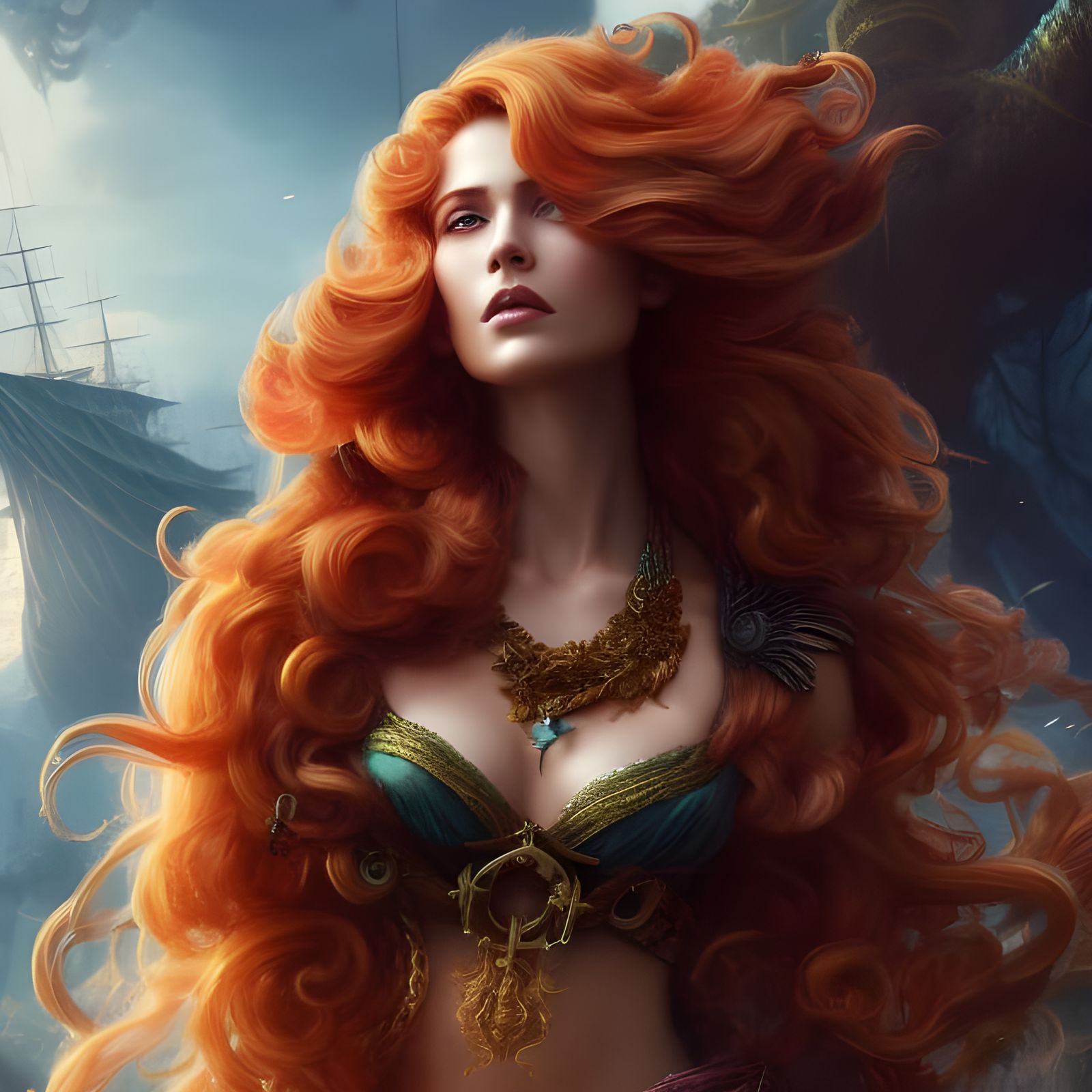 Ginger Haired Pirate Woman on Ship, Detailed Digital Art
