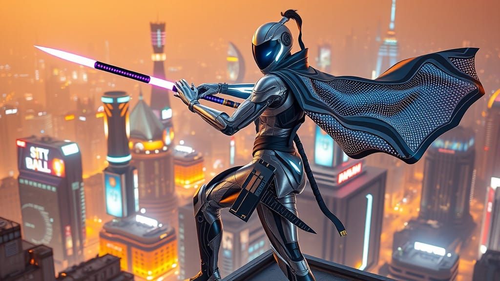 Futuristic Warrior Basks in Neon Cityscape's Golden Glow