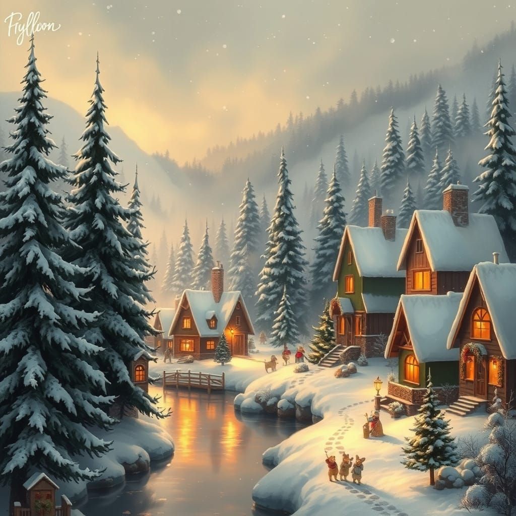 Whimsical Christmas Village Scene in Muted Colors