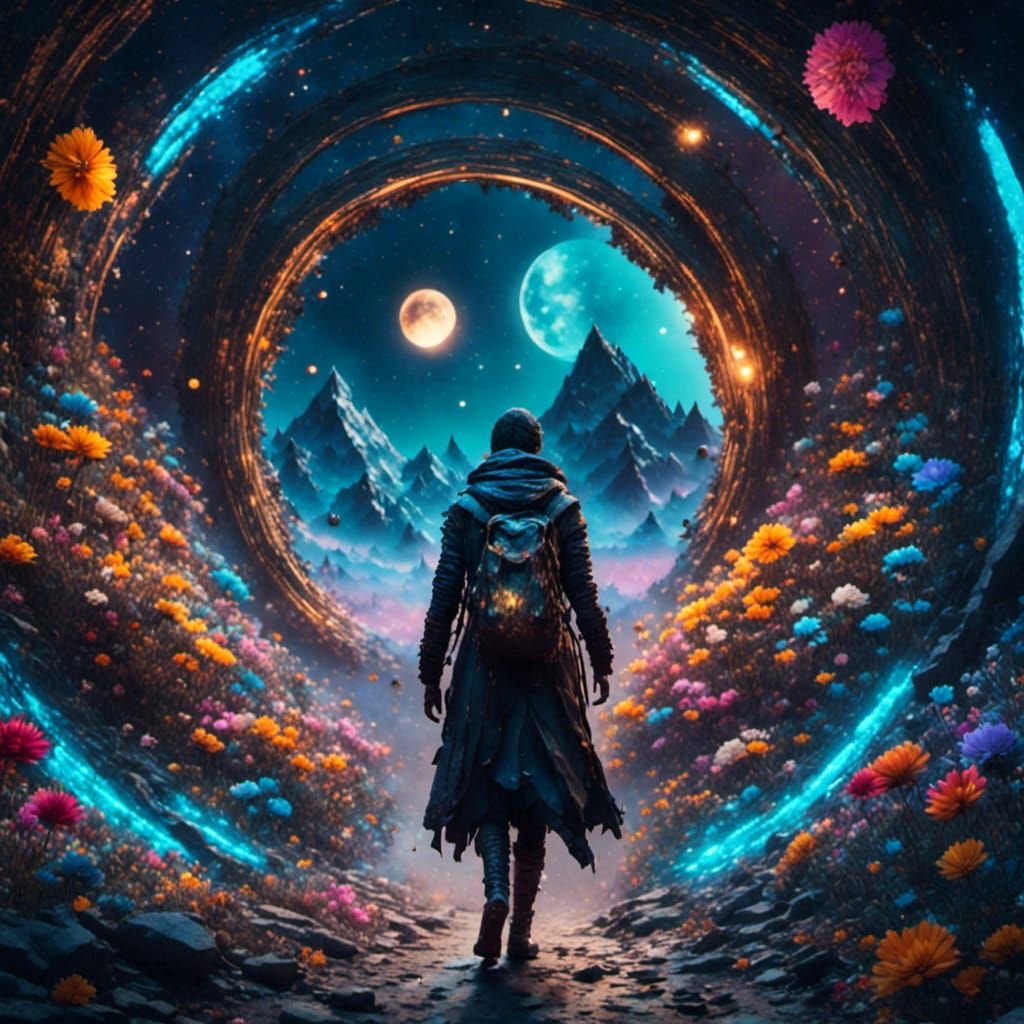 Cosmic Traveler in Warped Tunnel, Fantasy Art