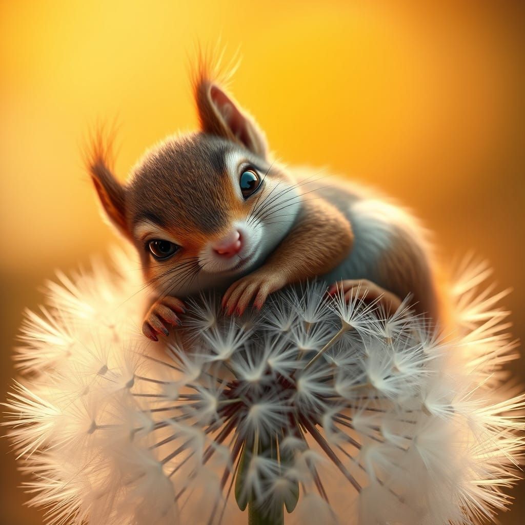 Whimsical Squirrel on Dandelion in Enchanted Landscape