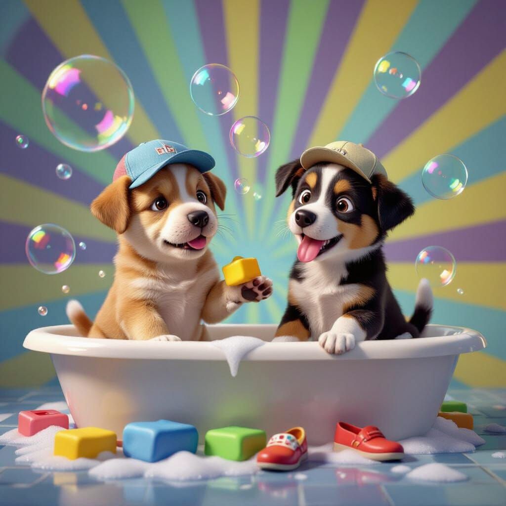 Puppies Play with Bubbles in Bathtub as Pixar 3D Art