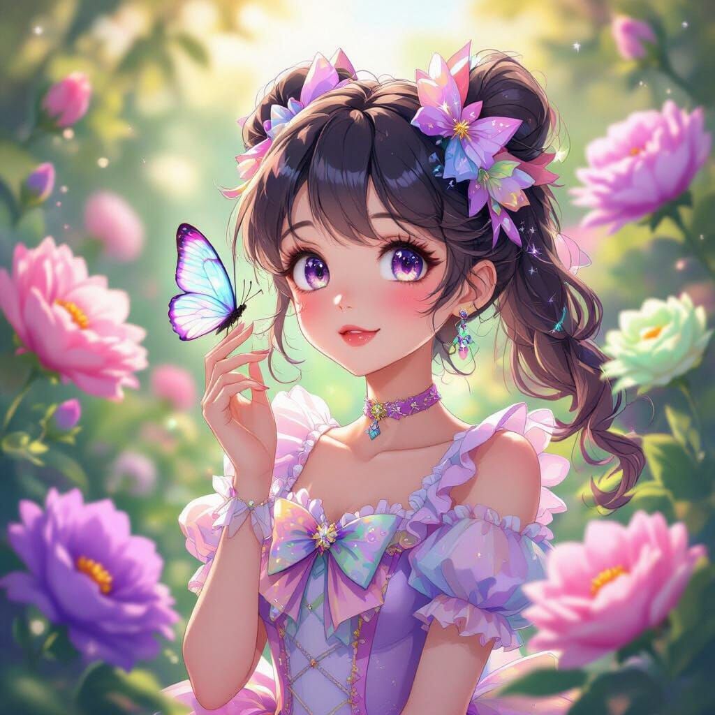 Magical Girl and Iridescent Butterfly in Fantastical Garden