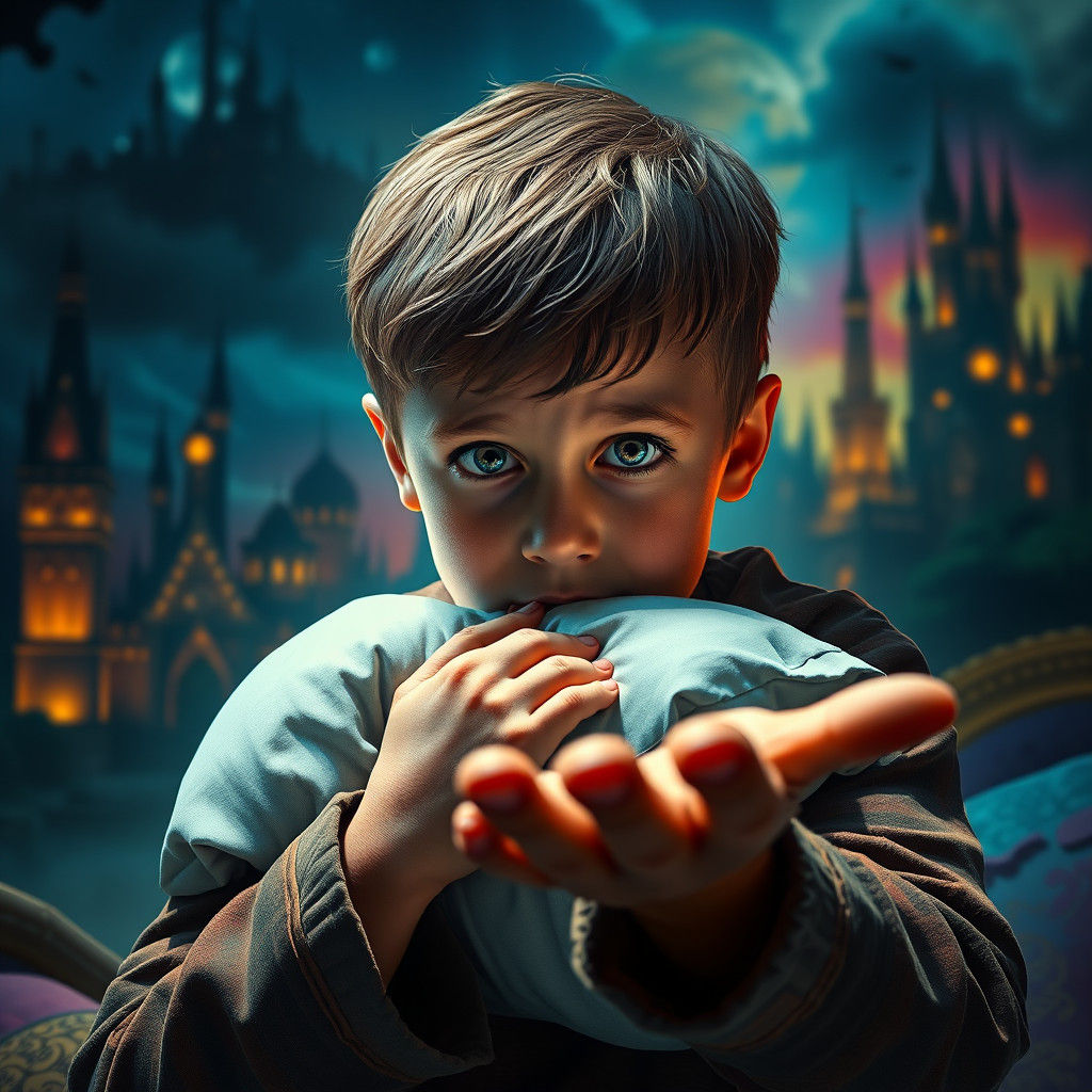 Boy Grips Pillow in Fantastical Neverland World