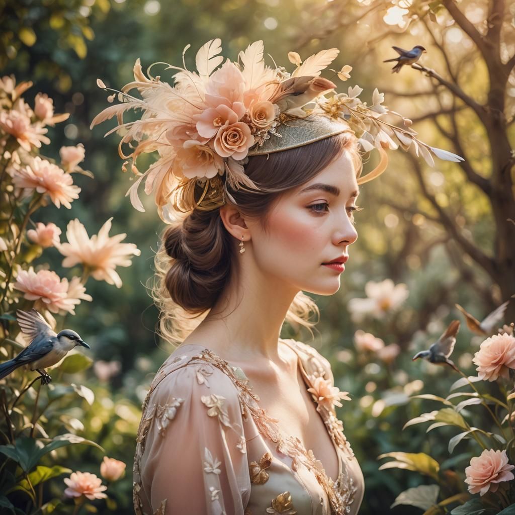 Woman in Garden with Bird Fascinator, Watercolor Style